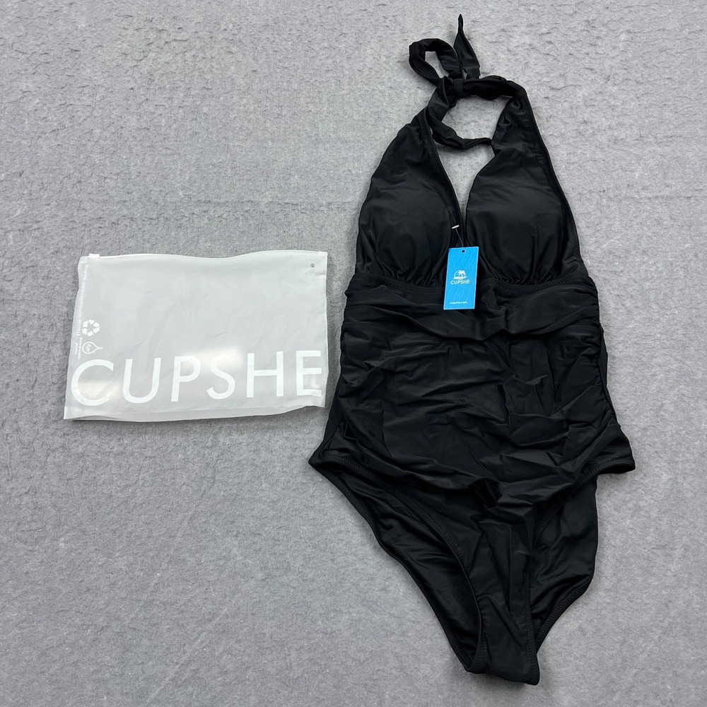 NEW Cupshe Swimsuit Women's Large Black Summer Seaside Ruched Halter One Piece